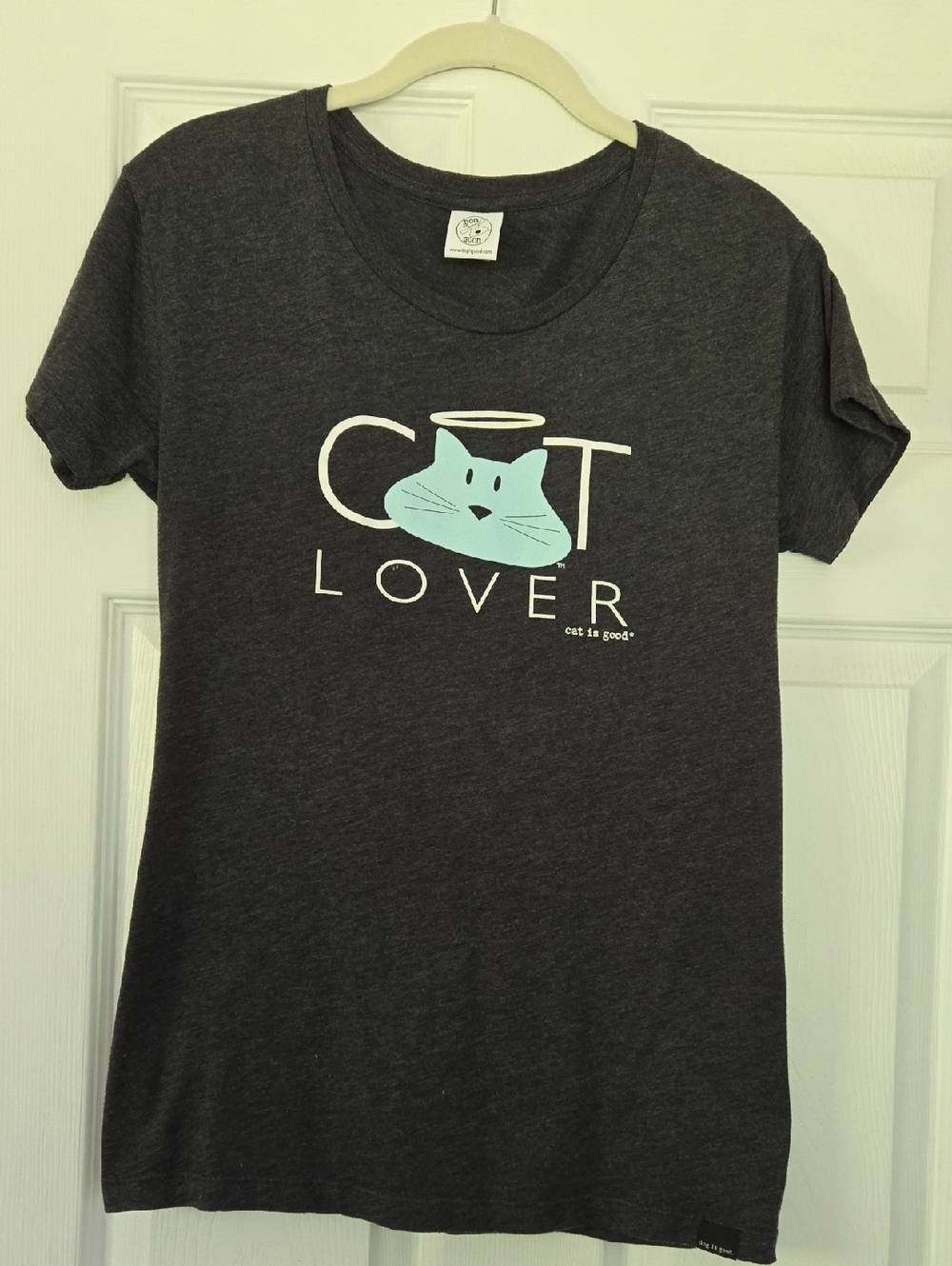 Cat Lover Graphic Tee - Dark Gray with Light Blue Print